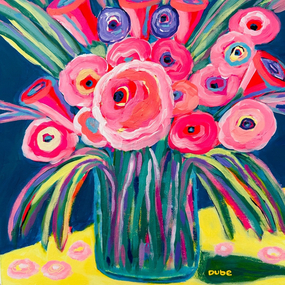Original Abstract Floral Painting: Colorful Flowers Vase Still Life 12"x12" OOAK